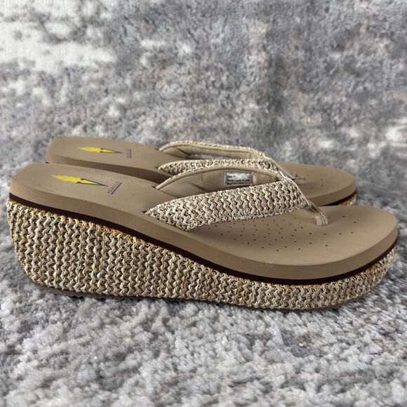 Volatile Sz 11 Beige Wedge Woven Flip-Flop Platform Sandals Thick Chunky - Picture 4 of 10